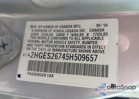 2005 Honda Civic Ex z USA, uszkodzony, nr VIN 2HGES26745H509657